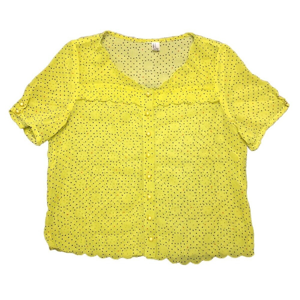 Forever 21 Blouse Women's S Yellow Polka Dot Button Up Scalloped Hem Sheer Crop